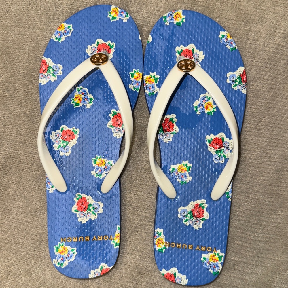 Tory Burch Blue Floral Sandals with White Straps